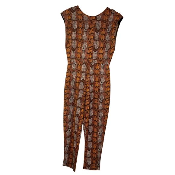 Boohoo Snake Print Cap Sleeve Tie Back Spandex Jumpsuit 12 Orange Tan - Picture 2 of 5
